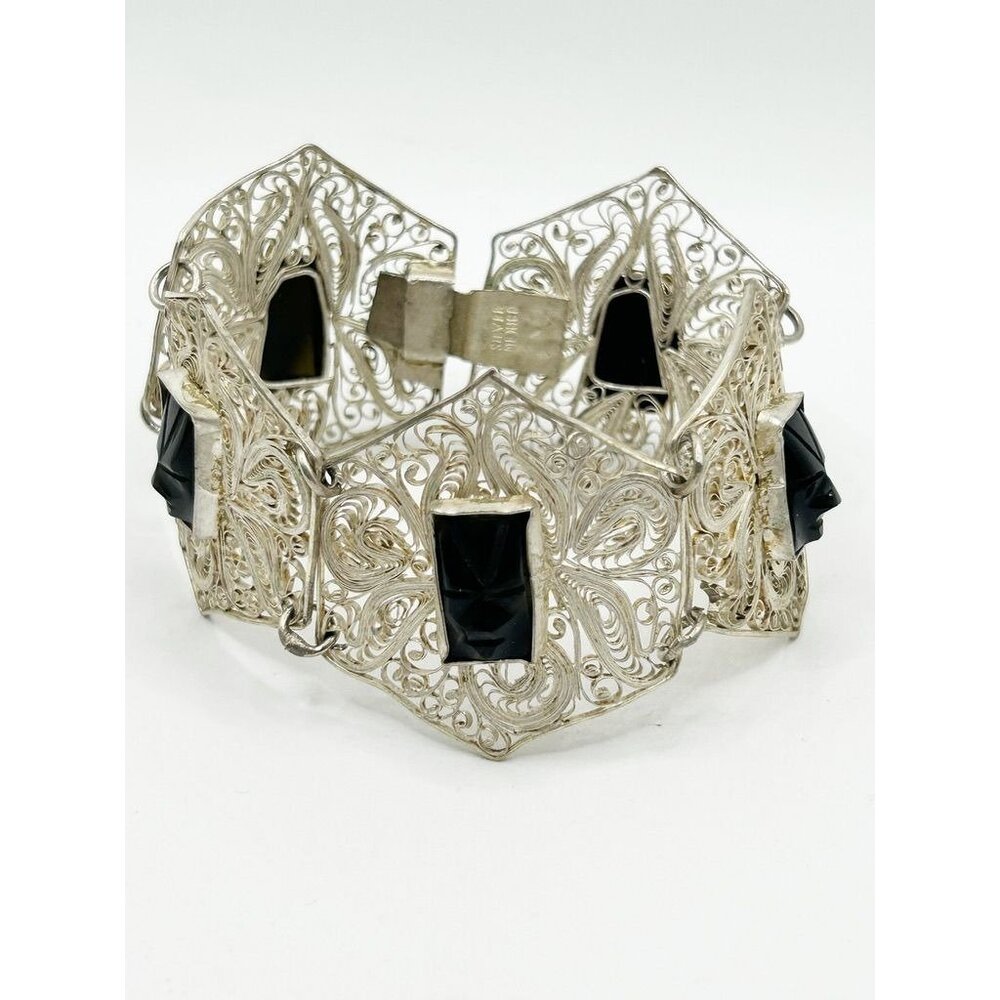 Vintage Mexican Silver & Black Onyx Mask Filigree Link Bracelet